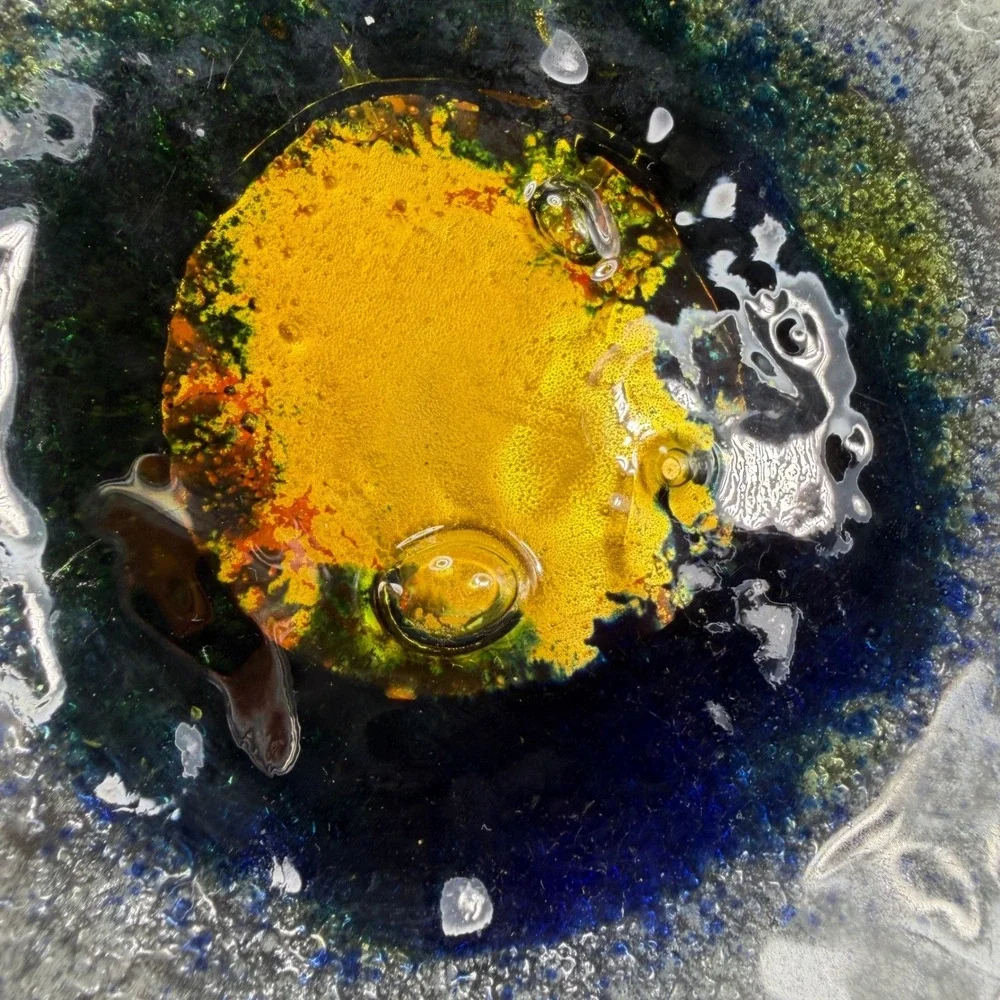 Handmade Fused Glass Bowl Dish Blue Yellow Green Celestial Art Glass Catchall